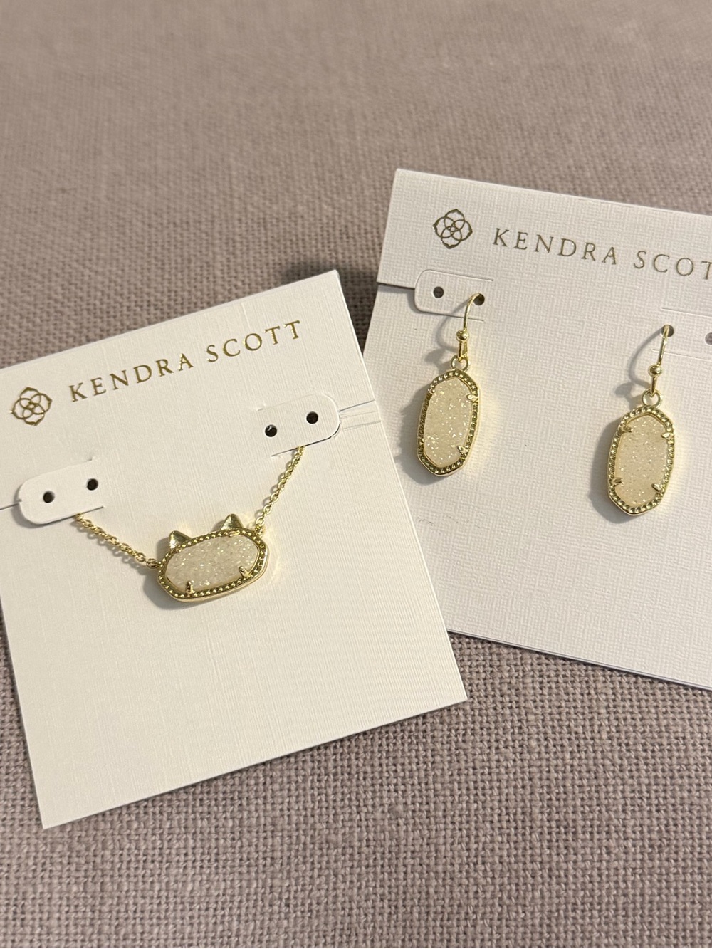Kendra Scott Gold Drusy Cat Necklace & Drop Earrings - Cream